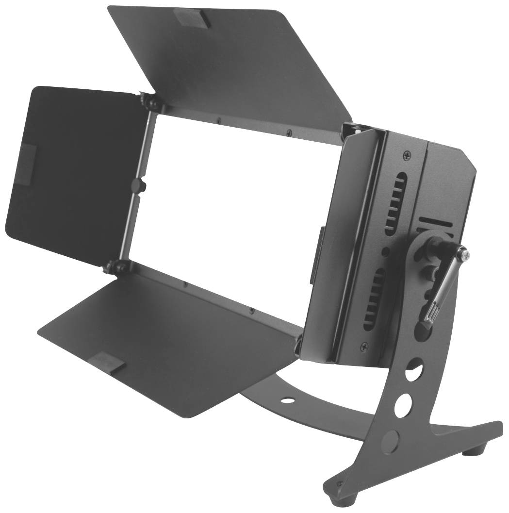 Černý, nastavitelný LED studiový světelný držák se čtyřmi klapkami pro řízení světla, namontovaný na něm.