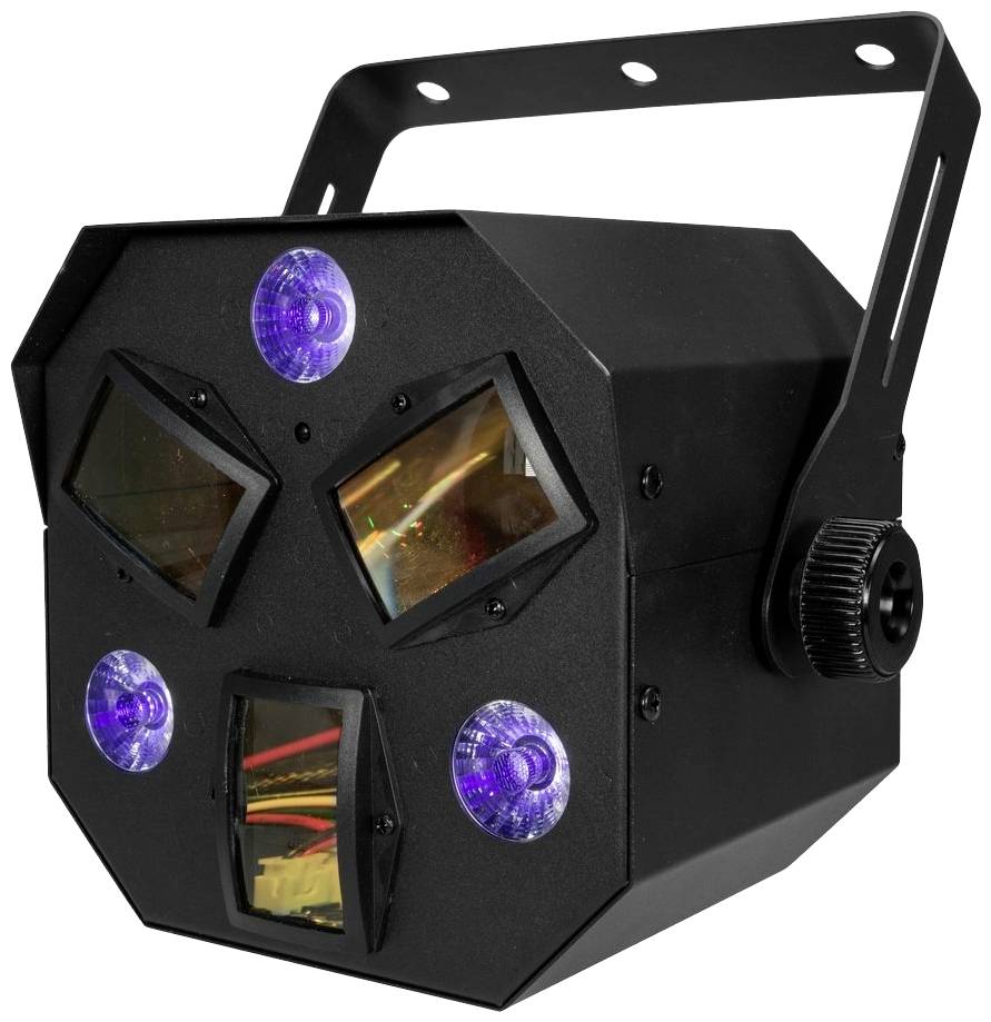 Černé víceúčelové jevištní osvětlovací zařízení s několika čočkami a LED světly, upevněné na nastavitelném rameni.