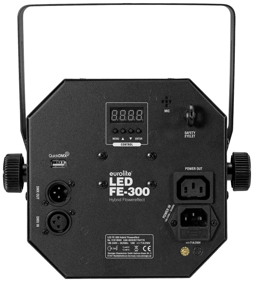 Zadní strana zařízení Eurolite LED FE-300 s přípojkami, digitálním displejem a ovládacími prvky, používaného v osvětlovacích show.