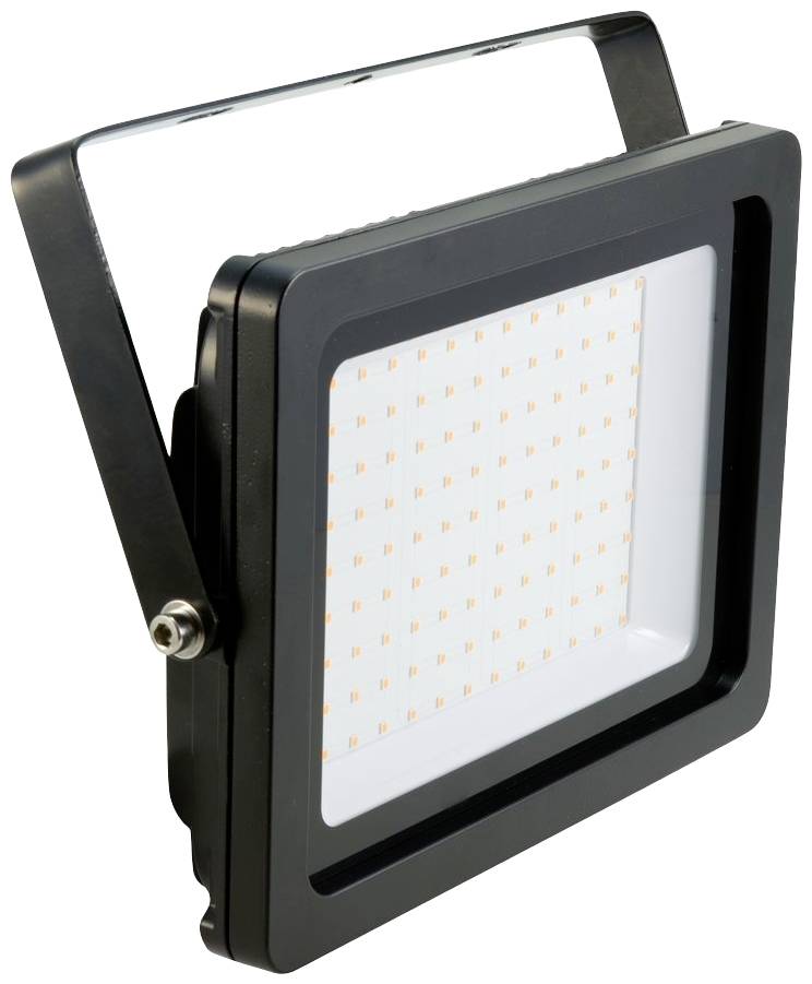 Černý LED reflektor s obdélníkovým designem a průhledným krytem. Vhodný pro venkovní osvětlení.