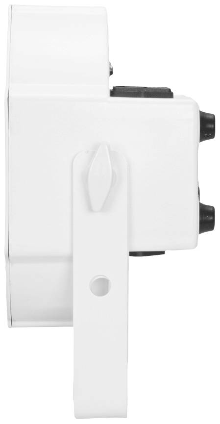 Bílý plastový box pohled z boku s viditelnými spínači nebo přípojkami nahoře.