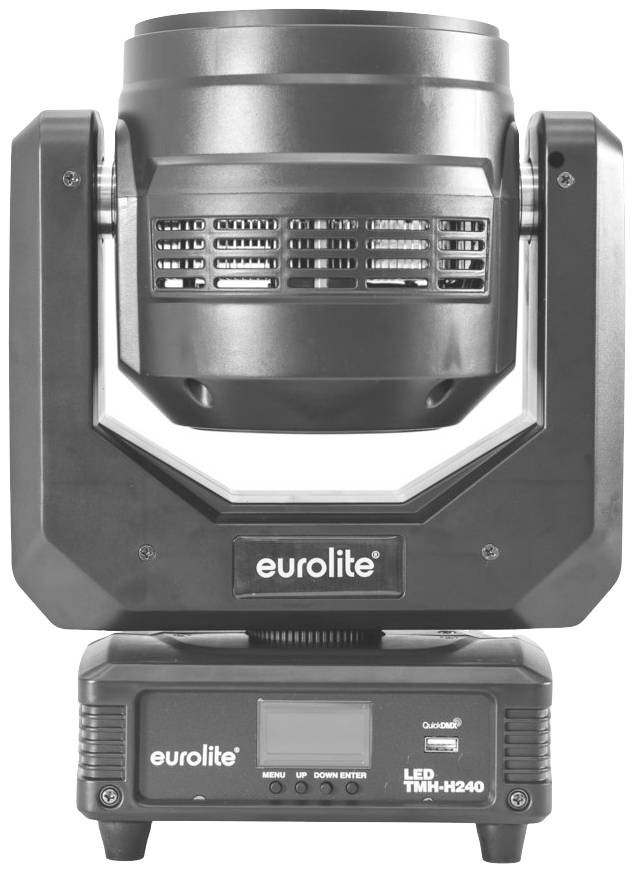 LED Moving Head reflektor od společnosti Eurolite, model TMH-H240, stojí vzpřímeně. Přístroj má displej a ovládací prvky dole.