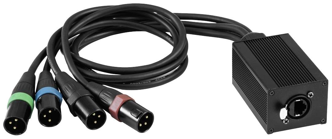 Kabelový bič se čtyřmi XLR konektory v různých barvách je připojen k černému síťovému adaptéru.