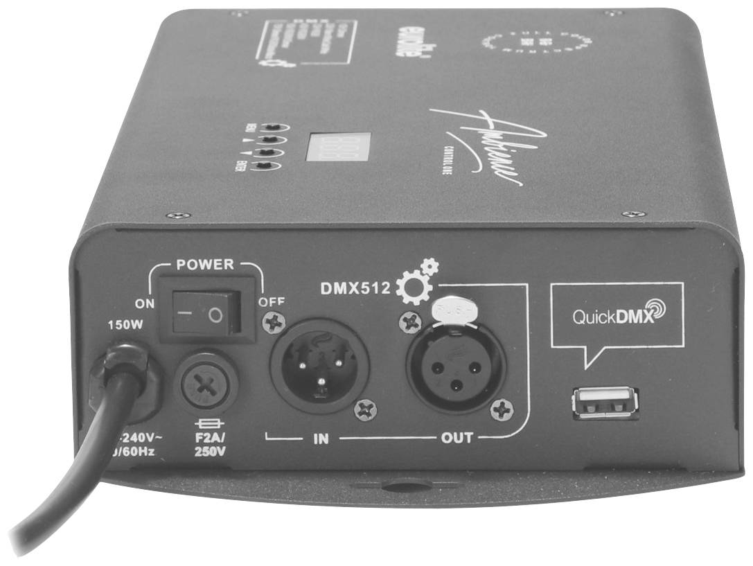 Zařízení s DMX512 připojením, vypínačem zapnuto/vypnuto, indikátorem napájení a USB portem. Používá se pro řízení osvětlovacích systémů.