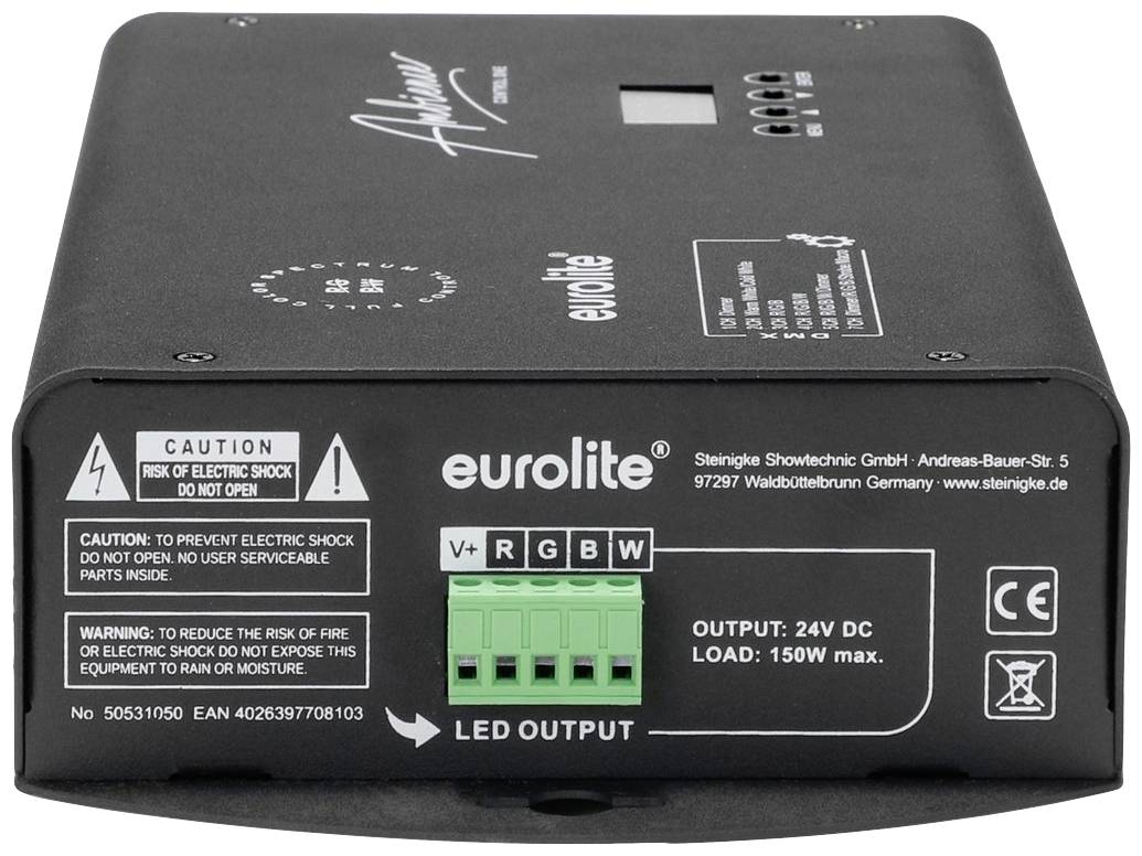 Černé elektronické zařízení s nálepkami a přípojkami. Pohled zepředu zobrazuje název společnosti 'Eurolite', detaily připojení a výstražné štítky.
