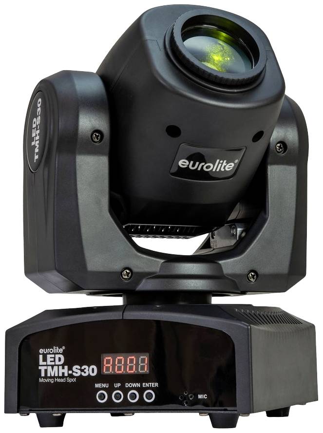 LED jevištní reflektor s černým tělesem, značka Eurolite, model TMH-S30. Obsahuje displej a ovládací prvky na základně.