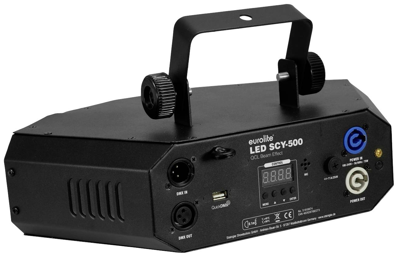 Černé zařízení pro světelné efekty s LED, vybavené digitálním displejem na přední straně, několika konektory a rukojetí.