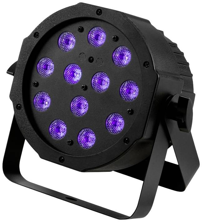 Černý LED reflektor s jedenácti svítícími fialovými LED diodami na stativu, vhodný pro jevištní osvětlení nebo akce.