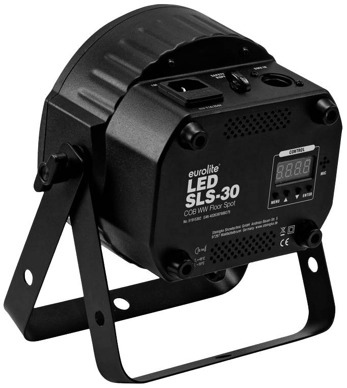 Černý LED zemní reflektor Eurolite SLS-30 s DMX ovládáním a digitálním displejem pro nastavení osvětlení, vhodný pro jevištní osvětlení.