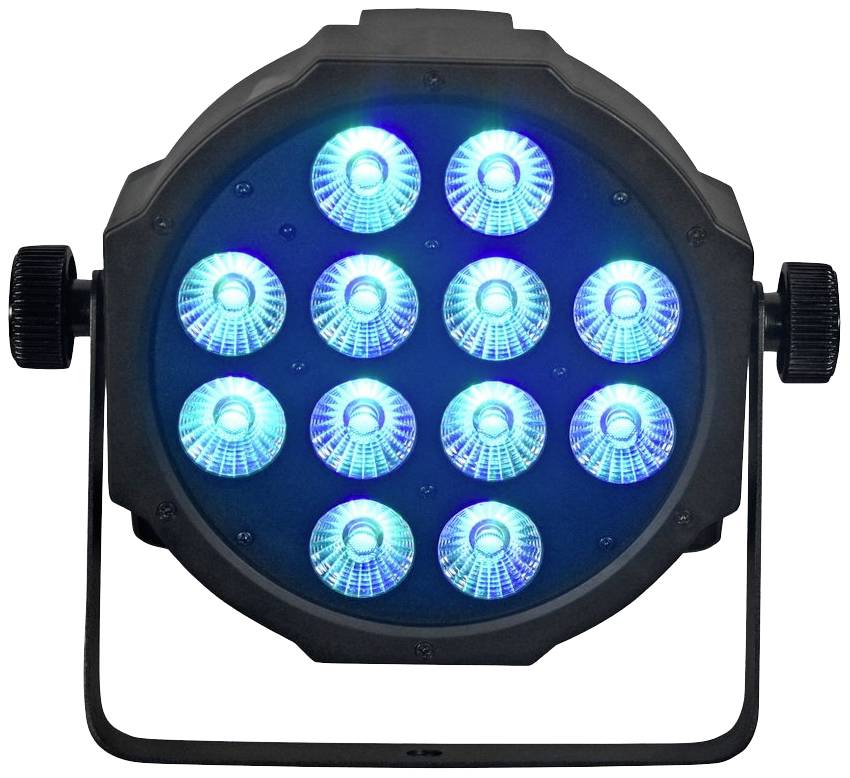 Černý LED reflektor se dvanácti modrými světly, které svítí v kruhovém vzoru.