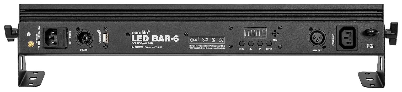 Barevný LED panel Eurolite LED BAR-6 s několika vstupy a digitálním displejem, navržený pro jevištní osvětlení.