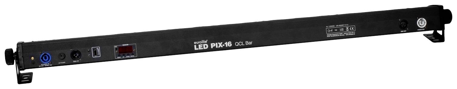 Černý LED světelný panel PIX-16 od značky Eurolite s různými možnostmi připojení a digitálním displejem.