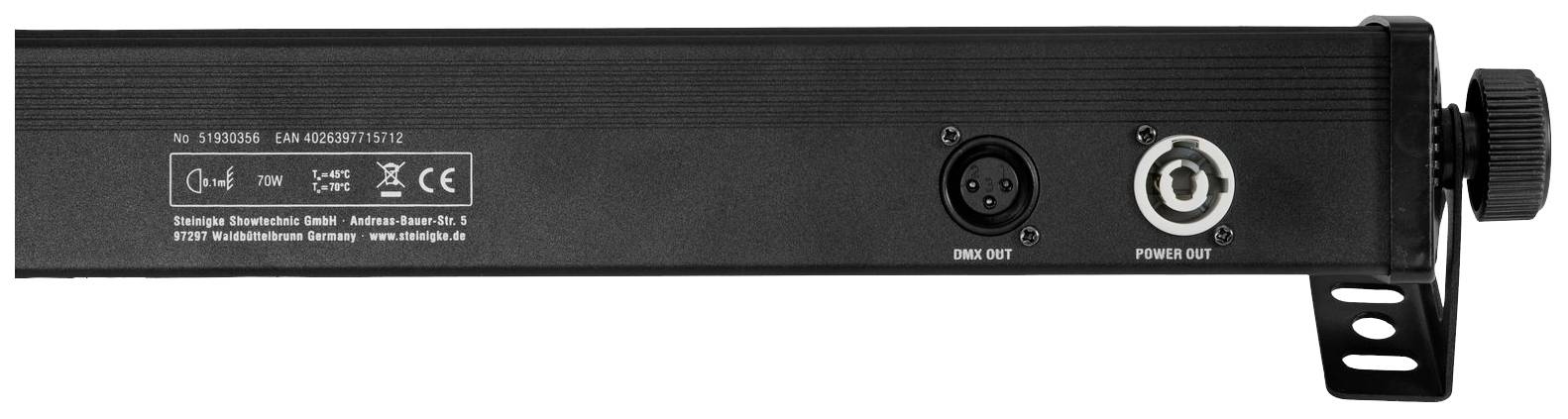Zadní pohled na elektronické zařízení s audio konektory a popiskami. Jsou viditelné XLR a napájecí konektory.