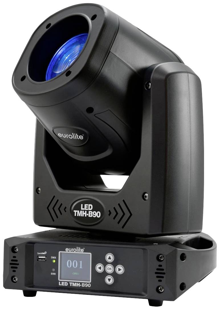 Černý LED reflektor od Eurolite s modrým čočkou, umístěný na podstavci s displejem a ovládacími prvky.