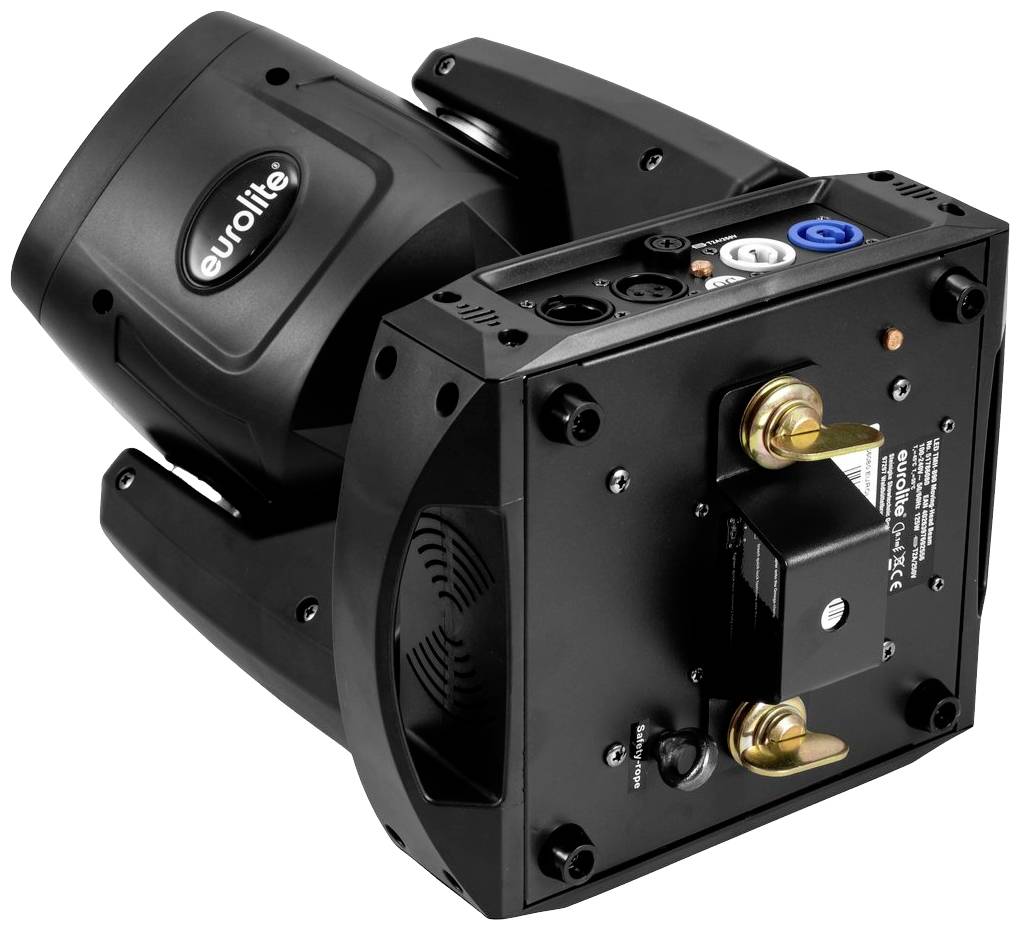 Černý LED-moving-head s logem Eurolite, ležící vlevo. Zadní strana ukazuje připojení a ovládací prvky.