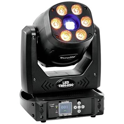 Černý LED reflektor s červeně svítícími světly, umístěný na ovladatelném podstavci, označený štítkem 'LED TMH-H90'.