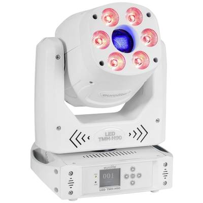 Bílý pohyblivý LED reflektor s několika červenými a jedním modrým světlem. Model: Eurolite LED TMH-H90.