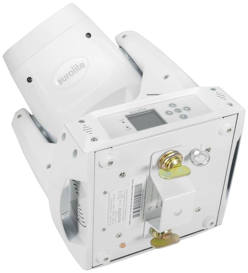 Bílý otočný reflektor s digitálním displejem a logem Eurolite, vhodný pro jevištní efekty a osvětlení.