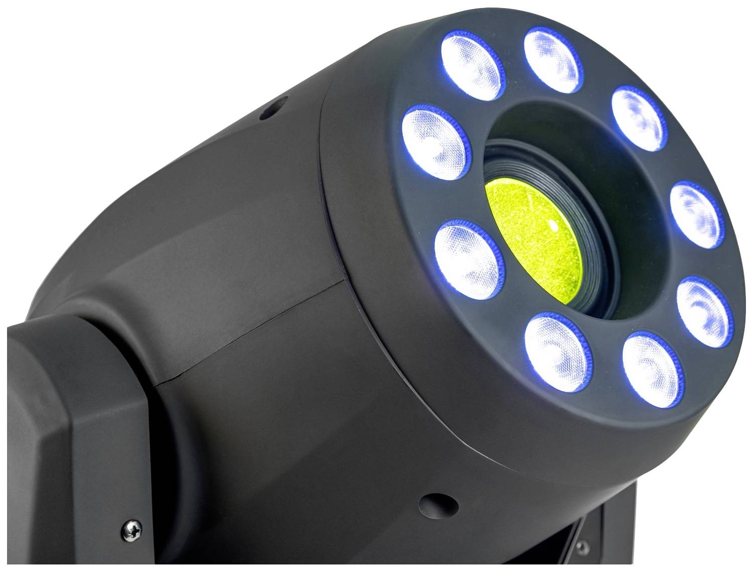 Detailní záběr světlometu s několika modrými a bílými LED diodami kolem centrální čočky, která svítí zeleně.