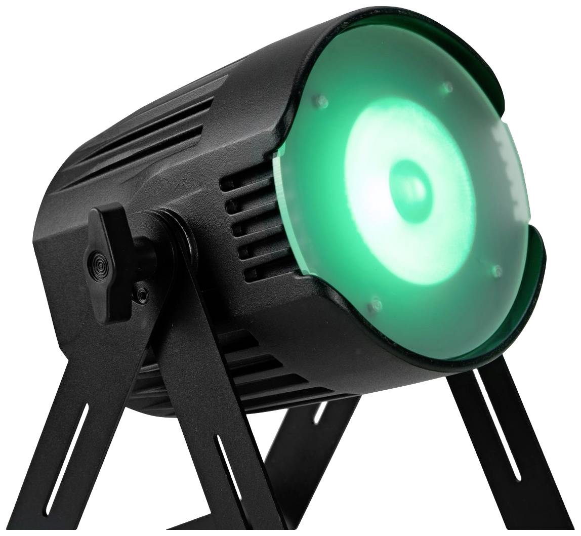 Černý reflektor se zeleným světlem, upevněný na stativu. Vhodný pro jevištní a event osvětlení.