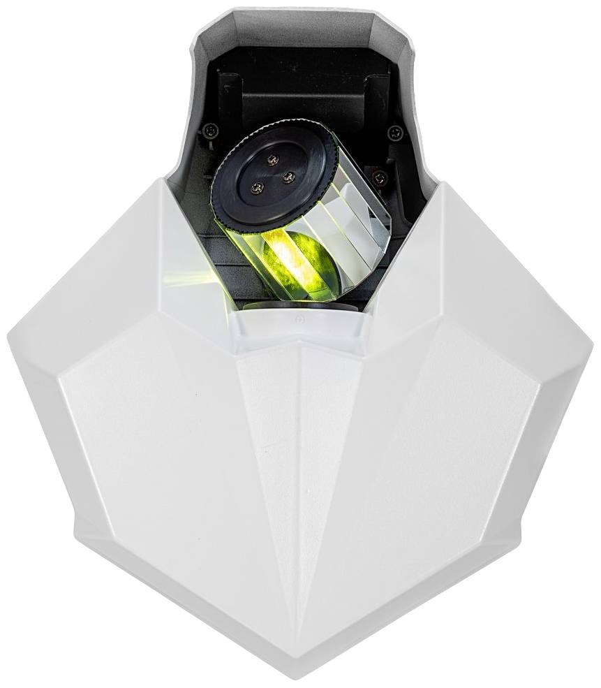 Pohyblivý LED světelný efekt s bílým pouzdrem, který uvnitř obsahuje rotující čočku promítající pestrobarevná světla.