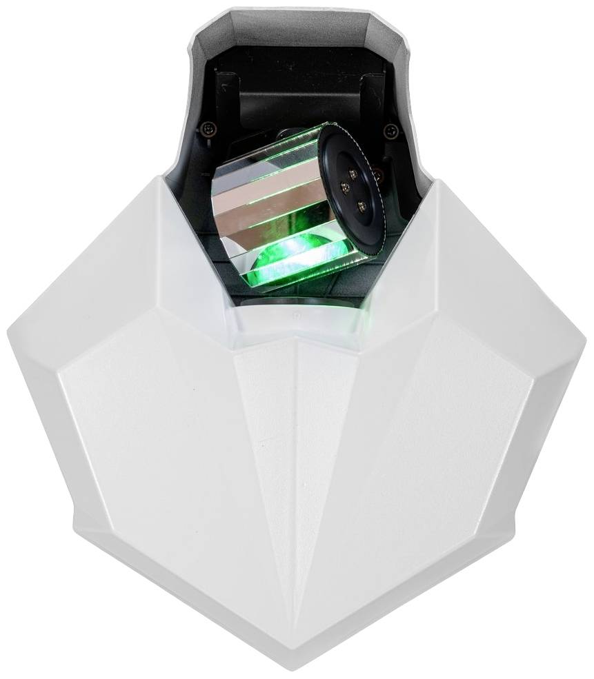 Bílé, srdčité zařízení s prizmatickou čočkou promítá zelenkavé světelné paprsky.