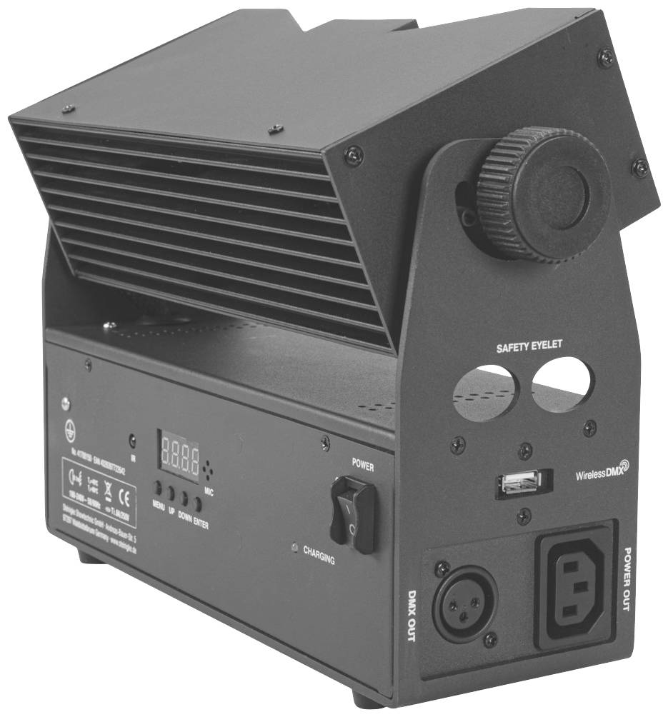 Černé, obdélníkové technické zařízení s kulatými tlačítky a několika konektory. Nápisy zobrazují technické pokyny a vstupy.