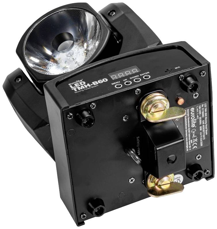 LED efektové zařízení v černé barvě, zobrazující přípojky a ovládací tlačítka na zadní straně. Hlavní charakteristika: rotující hlava s lampou.