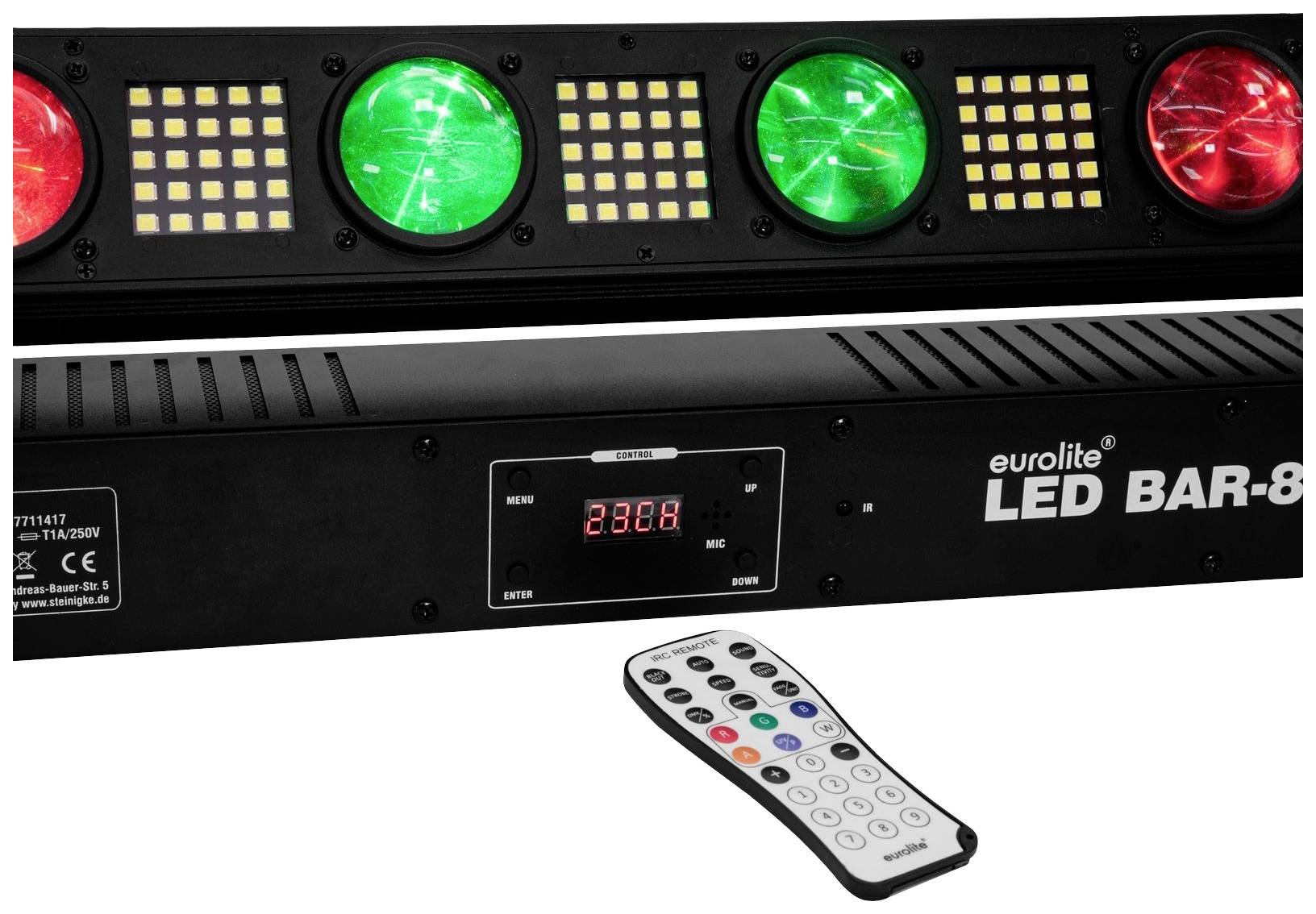LED světelná lišta s červenými a zelenými světlomety. Obsahuje ovládací panel pro řízení a dálkový ovladač.