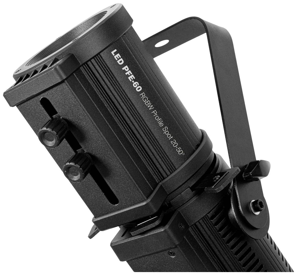 Reflektor s nápisem "LED PFE-60 RGBW Profile Spot 20-35°", černé tělo, nastavitelný držák.