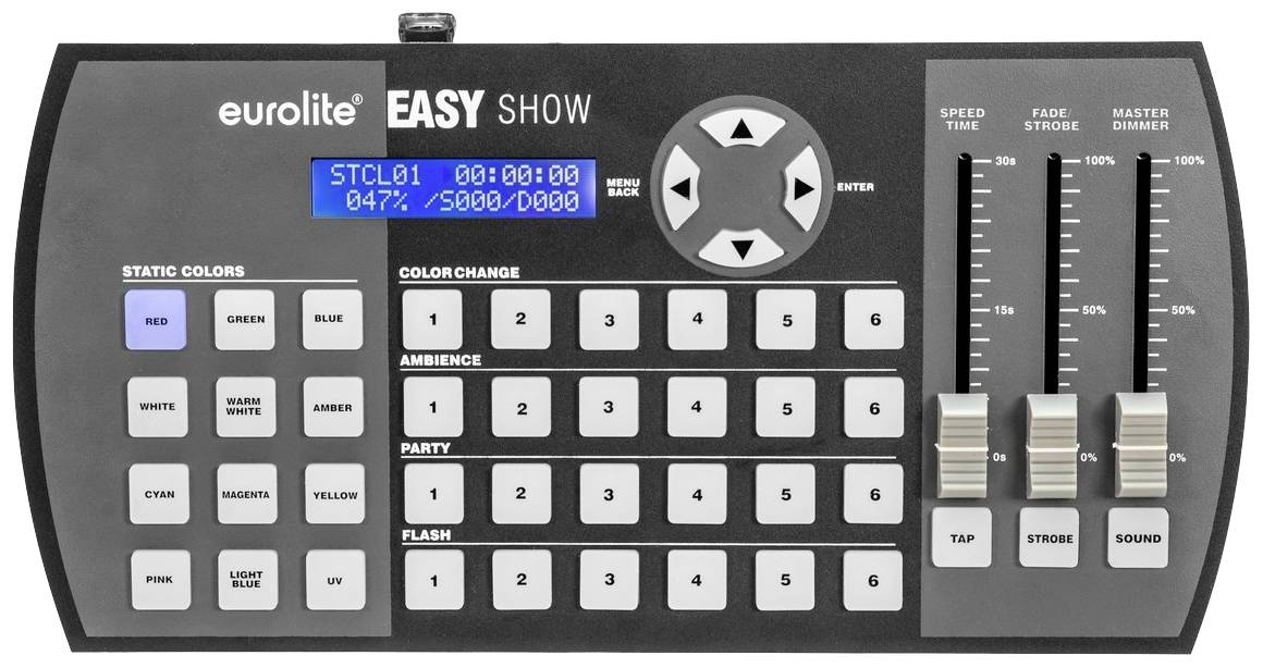 Ovladač osvětlení 'Eurolite Easy Show' s tlačítky pro barvy, ovládacími prvky pro rychlost, prolínání, jas a displejem pro programování.