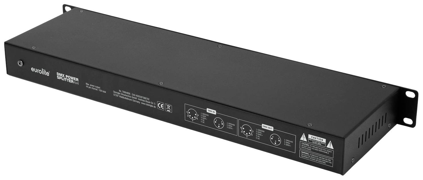 Černá 1U rack mountable napájecí jednotka s více výstupními konektory a kontrolními indikátory, vhodná pro audiotechniku.