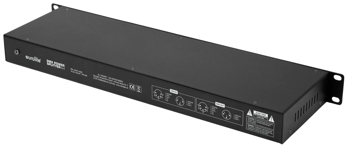 Černé elektronické zařízení do racku s několika konektory a ovládacími tlačítky na předním panelu, vhodné pro profesionální audio aplikace.