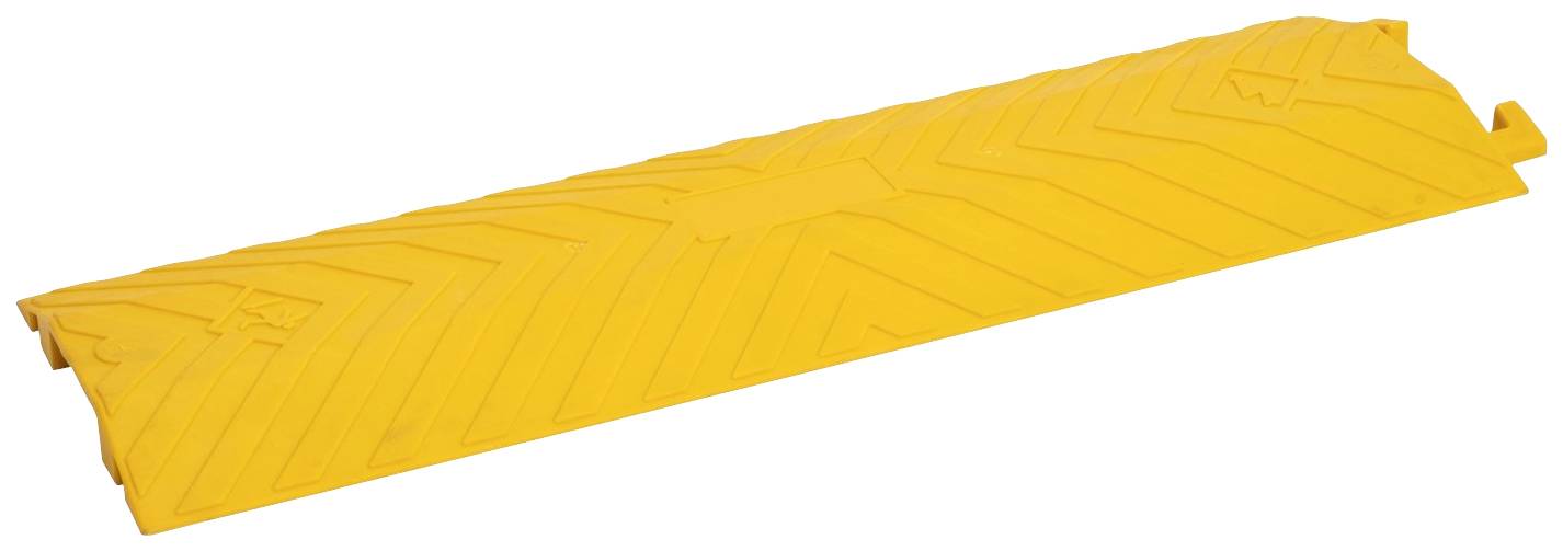 Žlutý plastový kabelový chránič s texturovaným povrchem, vhodný pro bezpečné zakrytí kabelů na podlaze.