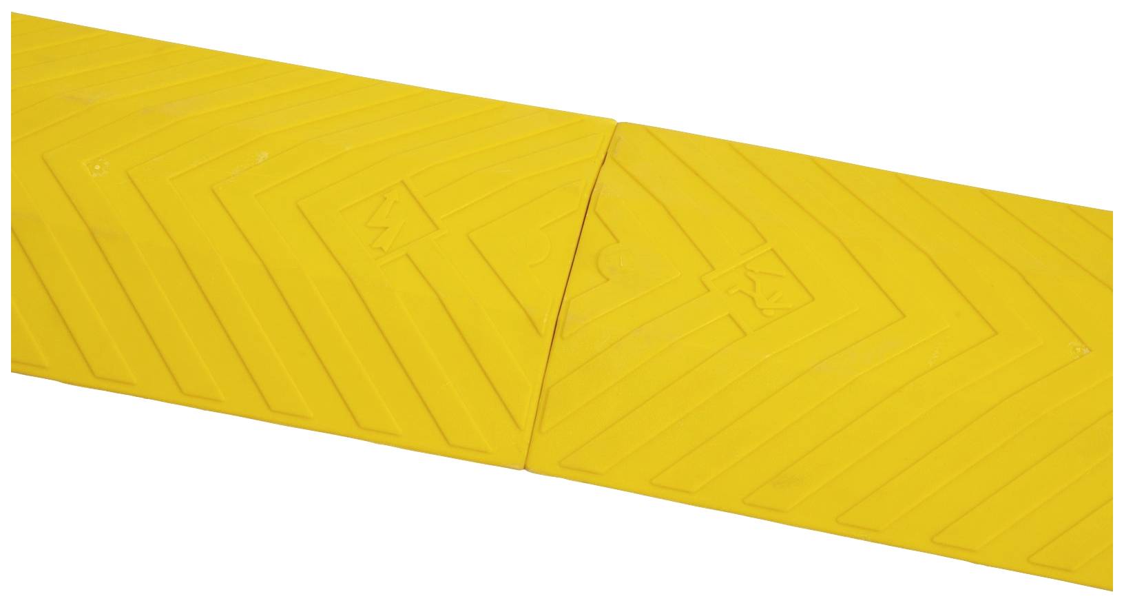 Žlutý kabelový most s protiskluzovým povrchem o dvou segmentech, které společně zakrývají jízdní pruh. Ideální pro ochranu kabelů ve veřejných prostorách.