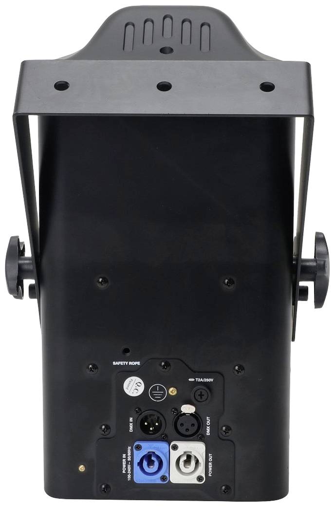 Zadní strana černého jevištního reflektoru s několika přípojkami a držákem pro upevnění.