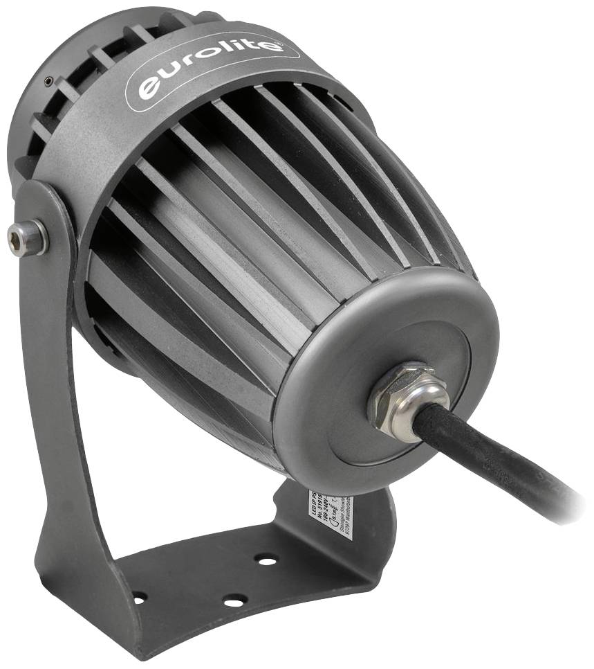 Černý válcový LED reflektor značky Eurolite s chladicími žebry. Kabel vede dozadu. Vhodný pro jevištní osvětlení.