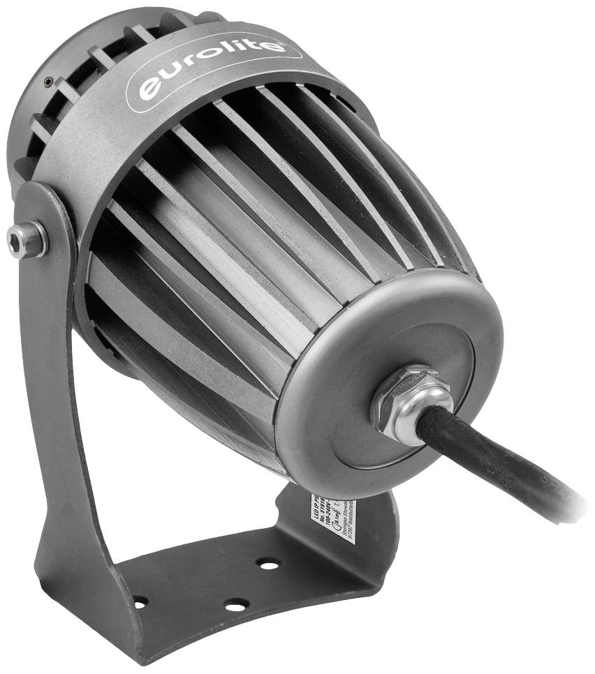 Šedá divadelní osvětlovací jednotka s robustním kovovým pouzdrem, namontovaná na nastavitelném stojanu, s kabelovým připojením.