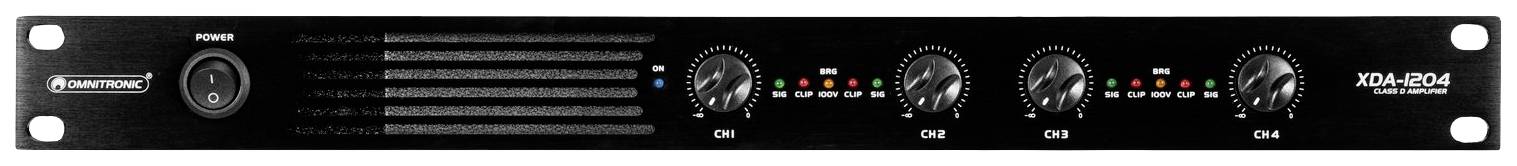 Černý audiomixer se čtyřmi otočnými ovladači a LED indikátory úrovně. Má síťový vypínač vlevo a čtyři kanály. Název značky vlevo.
