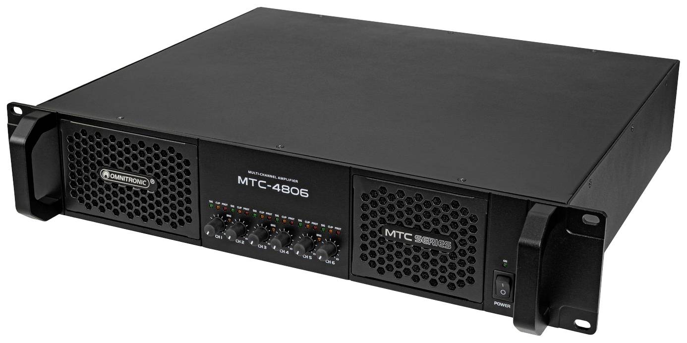 Černý 2HU zesilovač s větracími mřížkami a ovladači na přední straně. Je viditelný název modelu 'MTC-4805'.