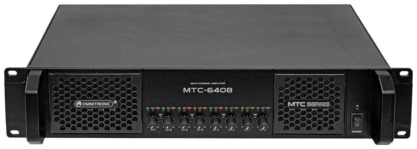 Zesilovač s nápisem 'Omnitronic MTC-6406', pohled zepředu s větracími mřížkami a kontrolkami, vhodný pro audiosystémy.