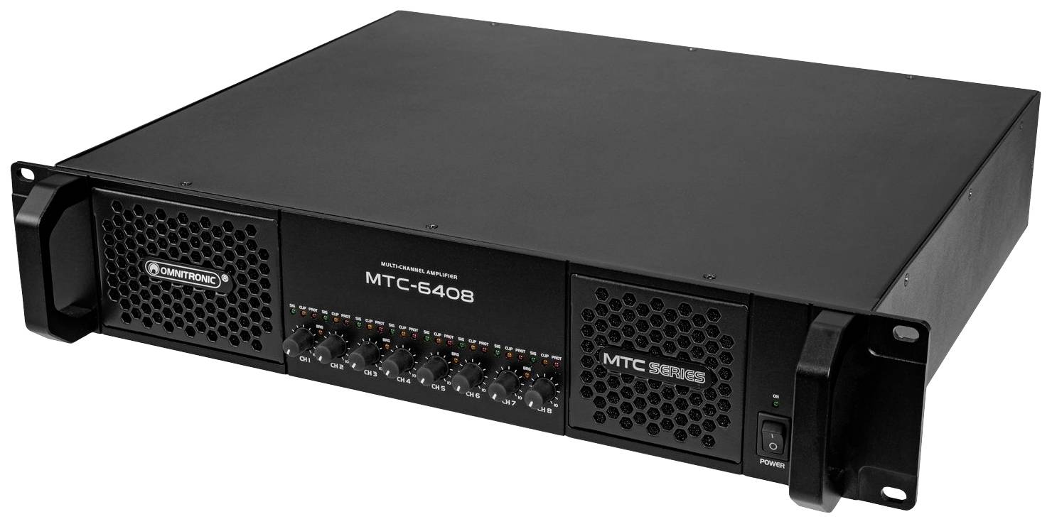 'Montarbo MTC-6408' zesilovač, černý, s několika ovládacími knoflíky a větracími mřížkami vpředu, výkonné audizařízení.
