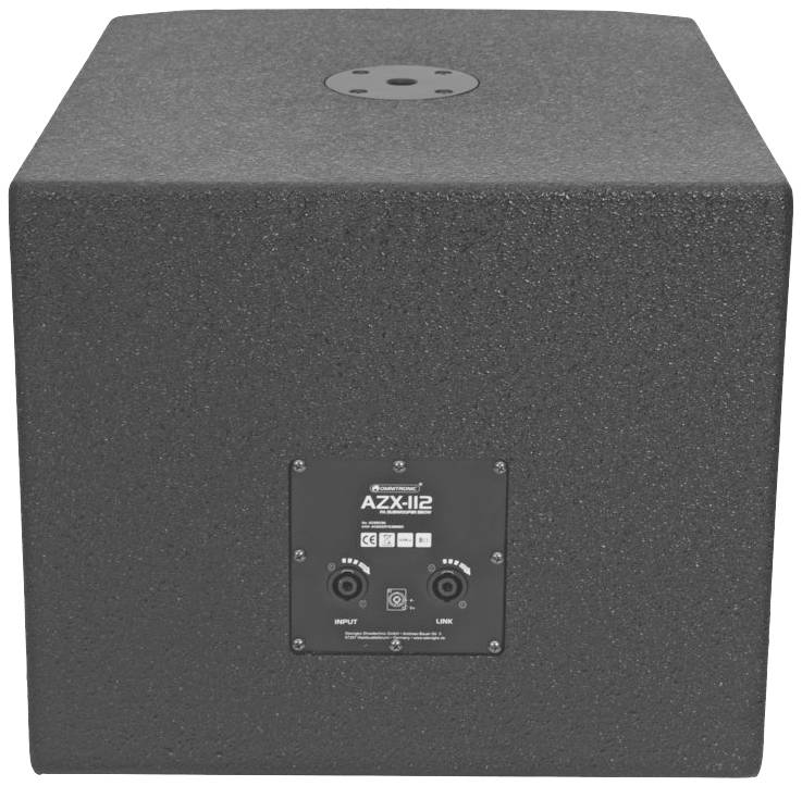 Subwoofer černý, model AZX-112, s ovládacími prvky a konektory na zadní straně.