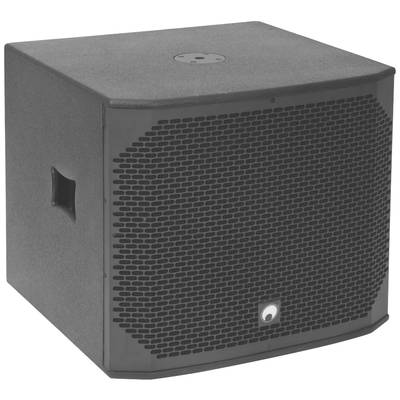 Černý, kostkovitý subwoofer s mřížkou na přední straně a rukojetí po boku.