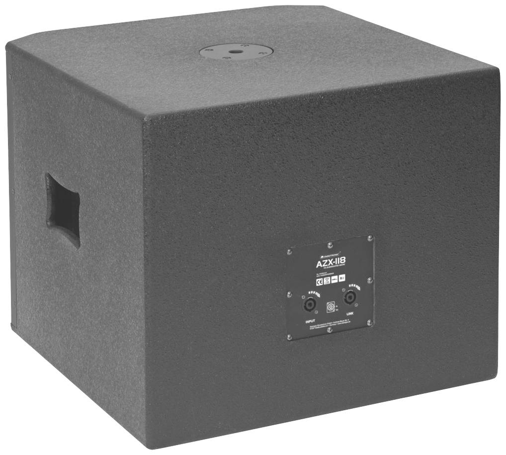 Černý reproduktorový subwoofer s připojovacím polem na jedné straně. Skříň je krychlovitého tvaru s rukojetí.