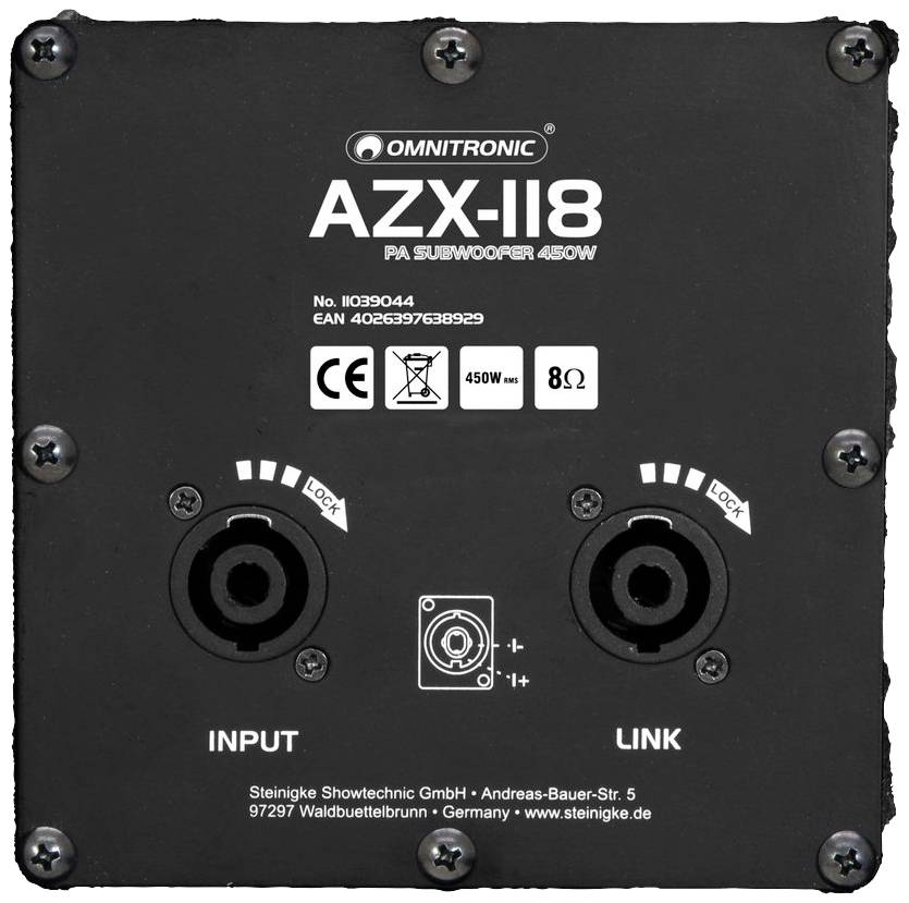 'Omnitronic AZX-118 PA Subwoofer 450W' Subwoofer s přípojkami INPUT a LINK. Zobrazuje modelové číslo a technické detaily.
