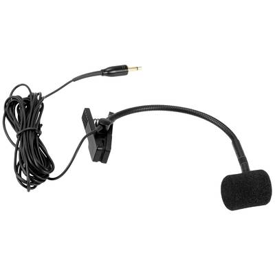 Černý připínací mikrofon s flexibilním krkem a kabelem s 3,5mm jackem, vhodný pro nahrávání hlasu.
