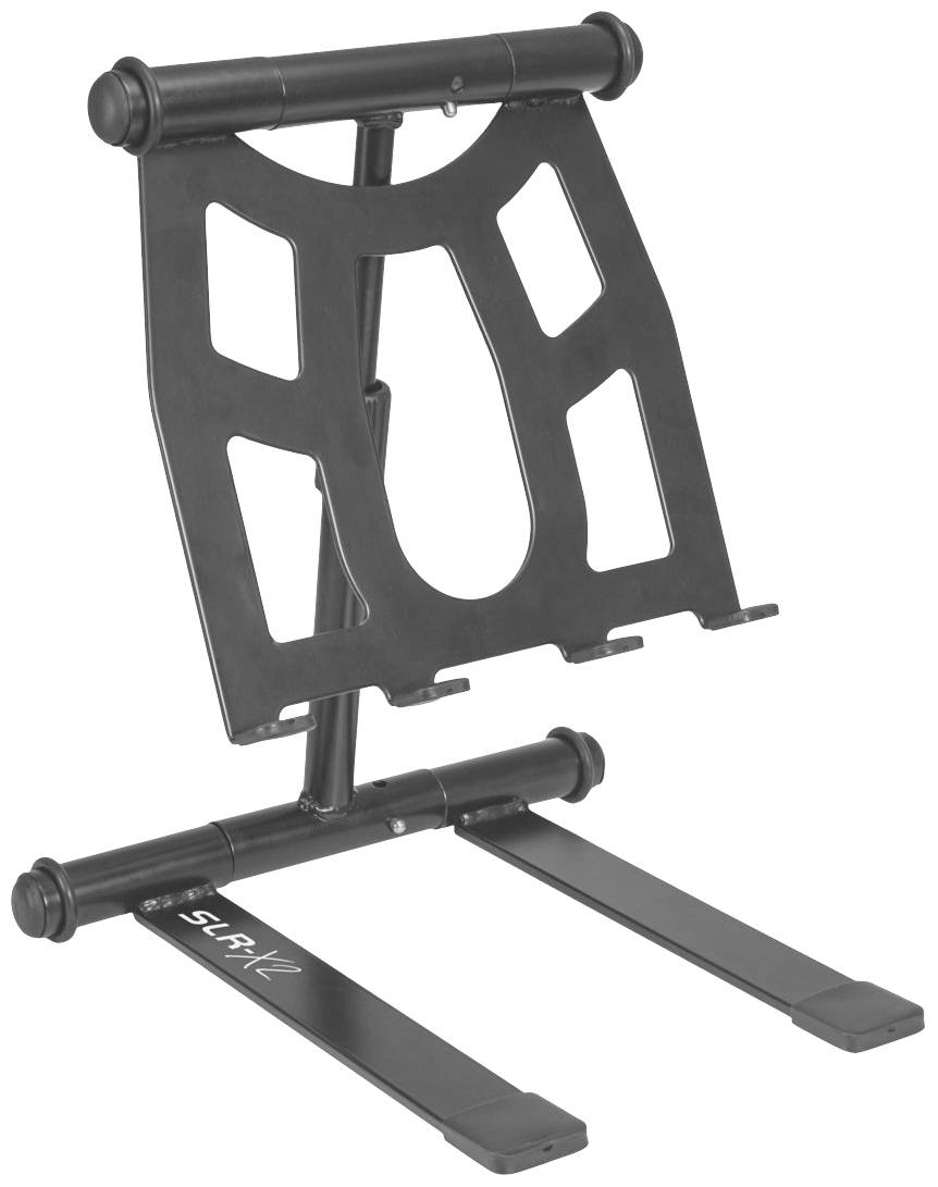 Černý stojan na notebook s nastavitelným kloubem, stabilní základnou a otevřeným designem pro optimální větrání a ergonomii.