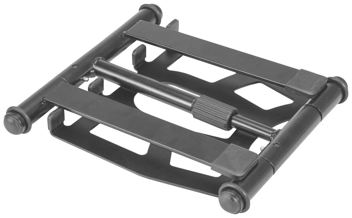 Nastavitelný, plochý černý plastový schůdek s protiskluzovými stranami a středovou částí pro úpravu výšky.