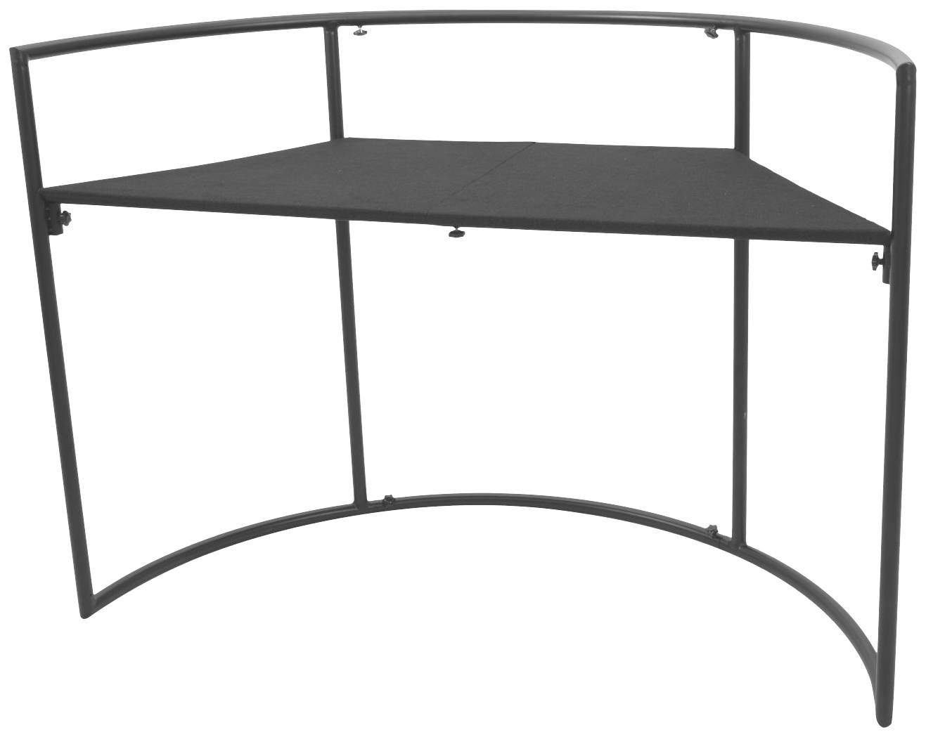 Černý, polooblý sklopný balkónový stolek z kovu, vhodný pro montáž na stěnu. Ideální pro malé balkóny nebo omezené venkovní prostory.